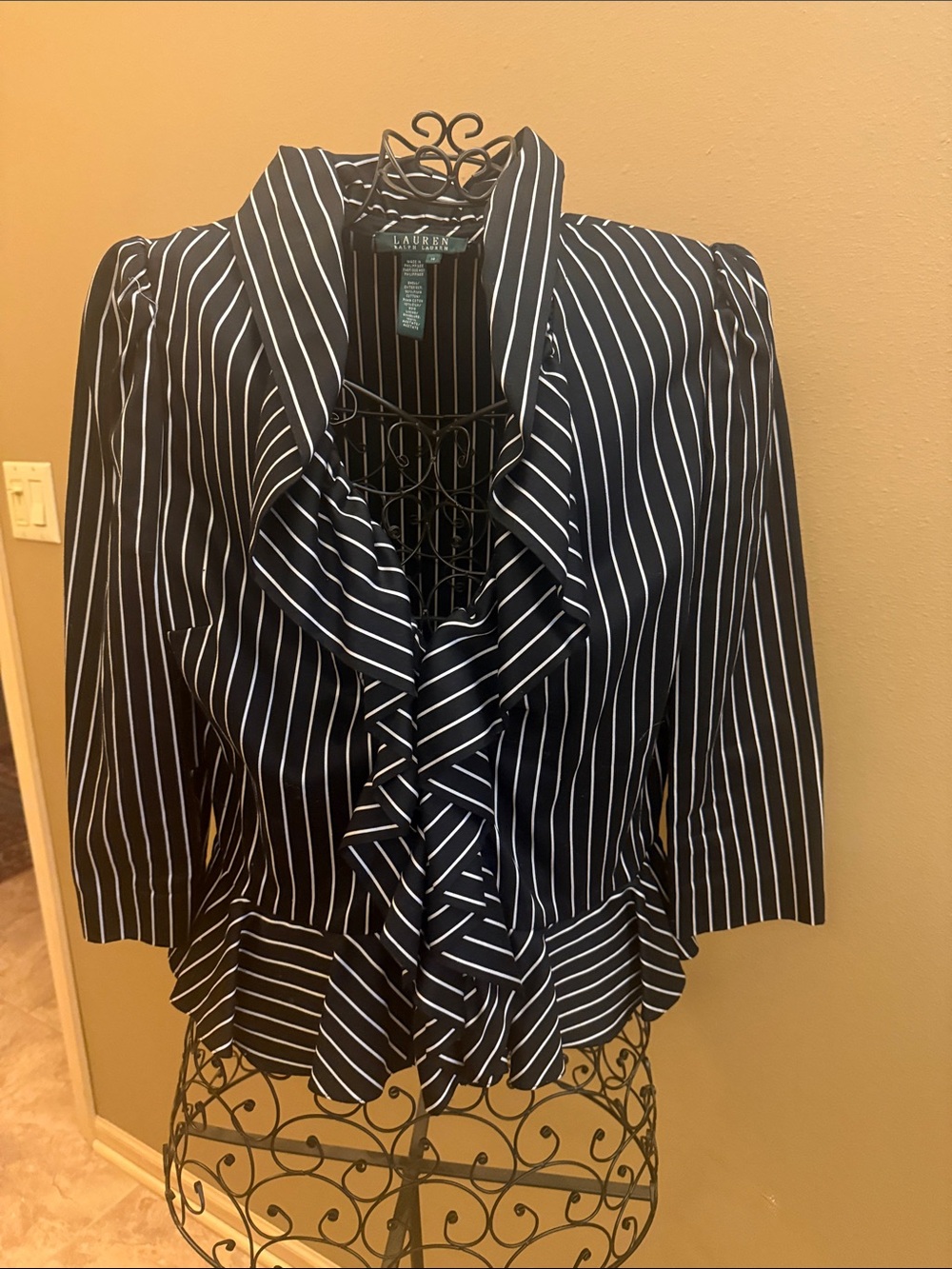 Lauren Ralph Lauren Navy and White Vertical Stripe Ruffle Blouse